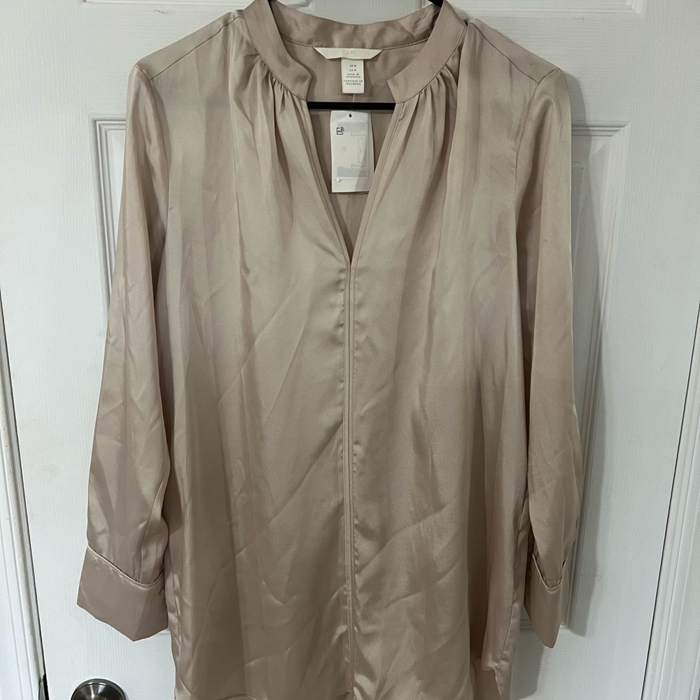 H&M Tan Blouse with Mandarin Collar and Relaxed Fit
